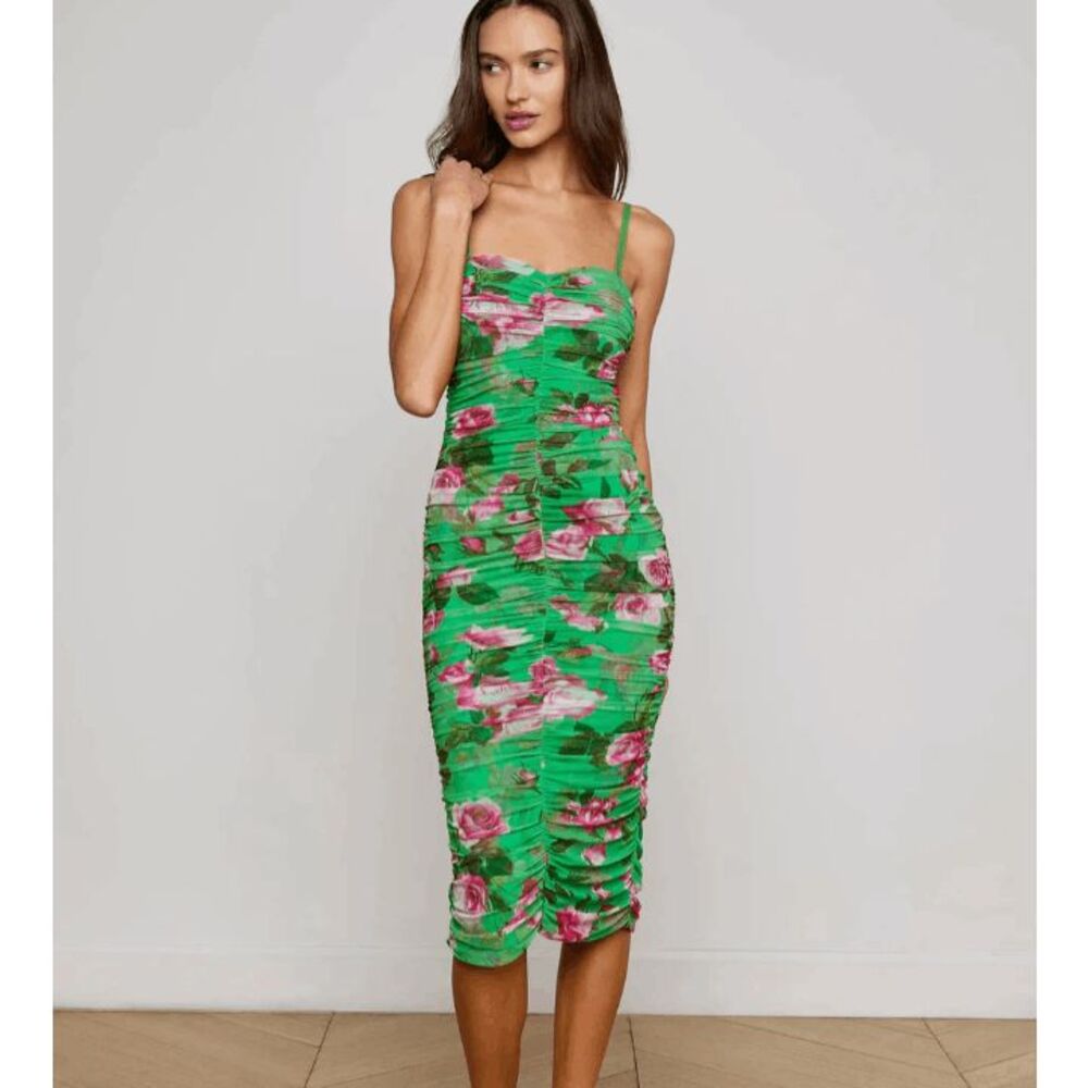 NWT L'Agence Caprice Midi Dress - Green Multi Large Santa Fe Rose / 12